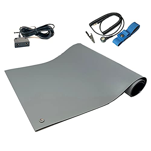 RubberStat Dual Layer ESD Compliant Workstation Rubber Table Mat Kit, Soldering, Cell Phone Repair, with Wrist Strap Set and Ground Cord - 30"x36" Grey