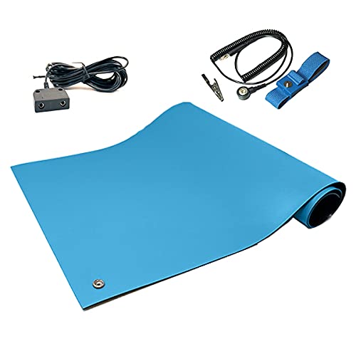 RubberStat Dual Layer ESD Compliant Workstation Rubber Table Mat Kit, Soldering, Cell Phone Repair, with Wrist Strap Set and Ground Cord - 36"x16" Blue
