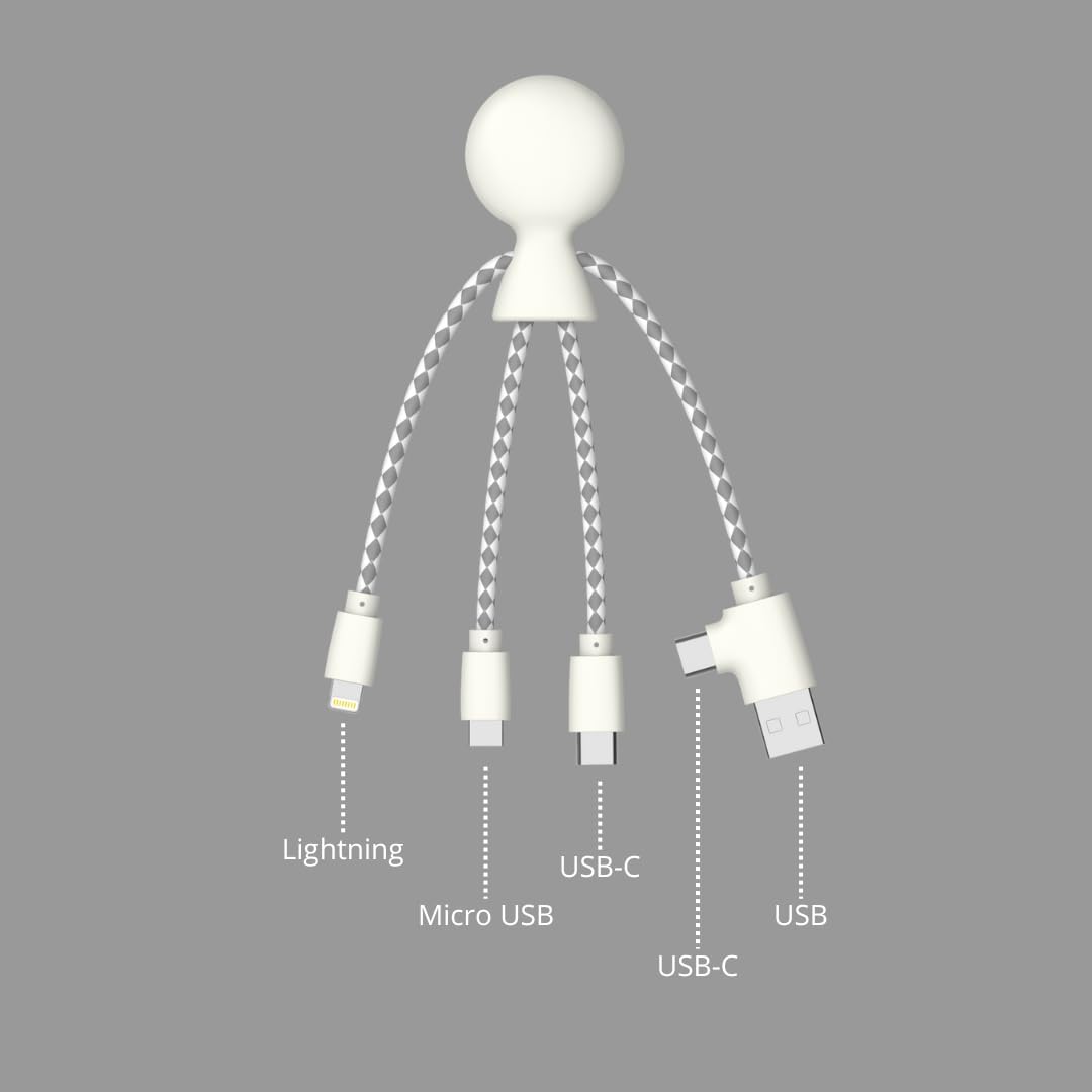 Multi USB Cable 4 in 1 - Universal Charger Made from Recycled Plastic - USB, USB-C, Lighting, Micro USB Ports - Compatible with All Smartphones Mr Bio White Octopus