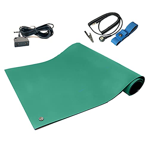 RubberStat Dual Layer ESD Compliant Workstation Rubber Table Mat Kit, Soldering, Cell Phone Repair, with Wrist Strap Set and Ground Cord - 48"x48" Green