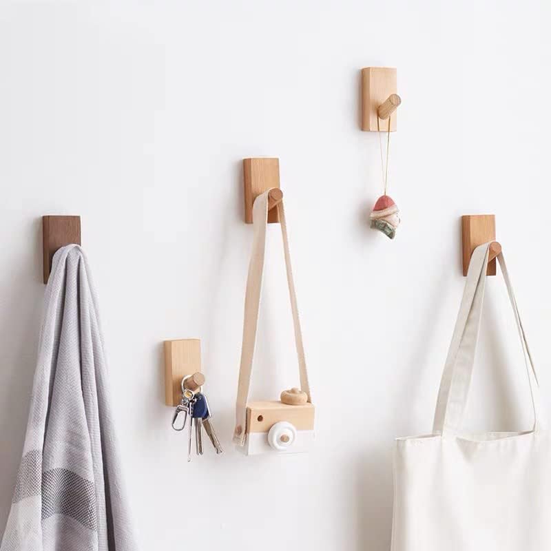 HomeDo 8Pack Adhesive Wall Hooks Hat Rack, Wooden Coat Hooks Wall Mounted, Decorative Single Organizer Hat Hanger Towel Rack, Heavy Duty Hooks (Rectangle-Beech,8P)