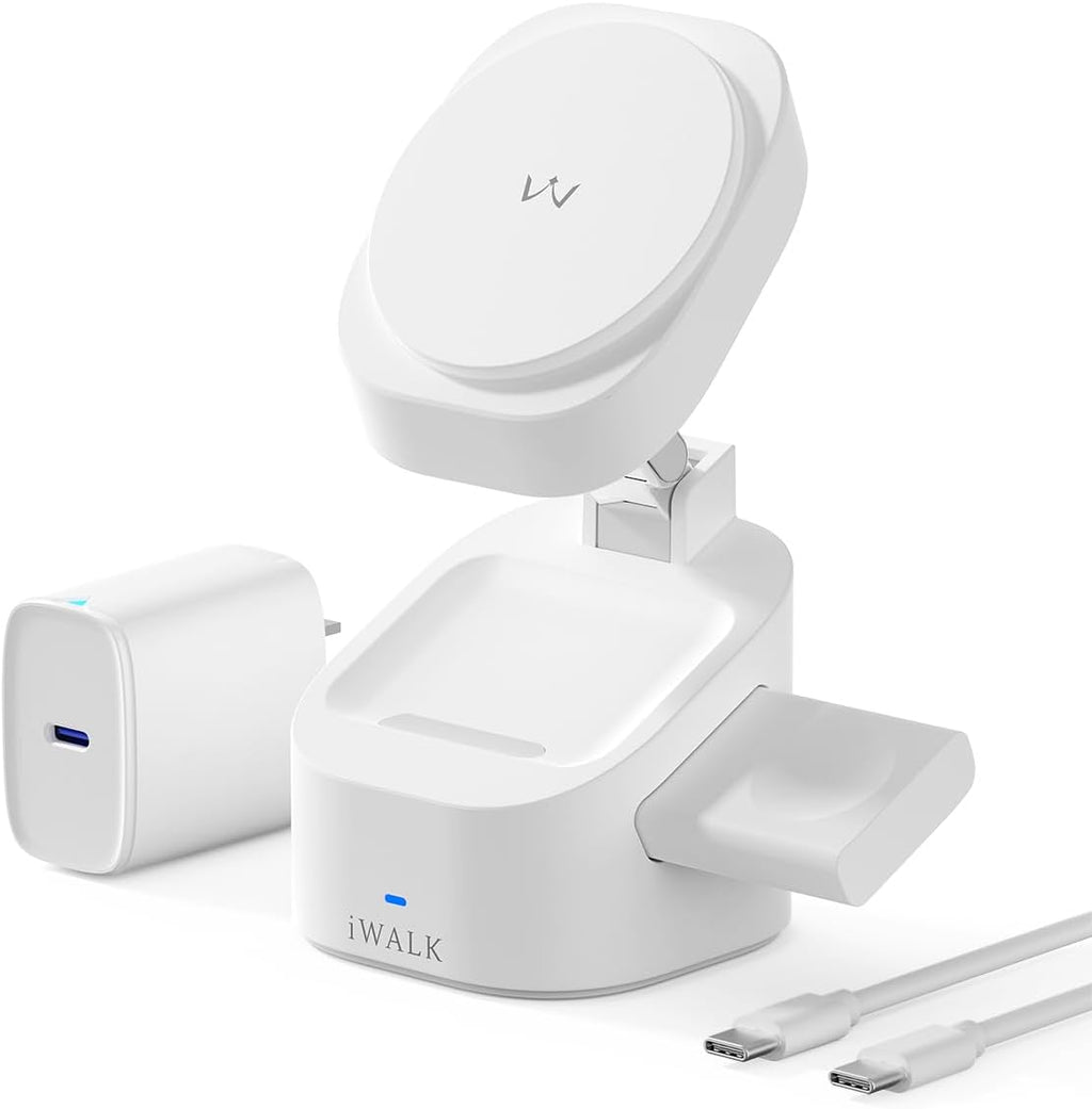 iWALK 3-in-1 Magnetic Wireless Charging Stand, 15W Foldable Charger Station for iPhone 16/15/14/13/12, Apple Watch & AirPods, Adjustable Dock with 20W USB-C Adapter