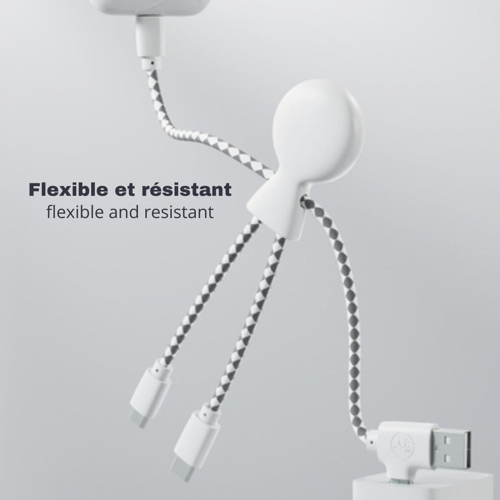 Multi USB Cable 4 in 1 - Universal Charger Made from Recycled Plastic - USB, USB-C, Lighting, Micro USB Ports - Compatible with All Smartphones Mr Bio White Octopus