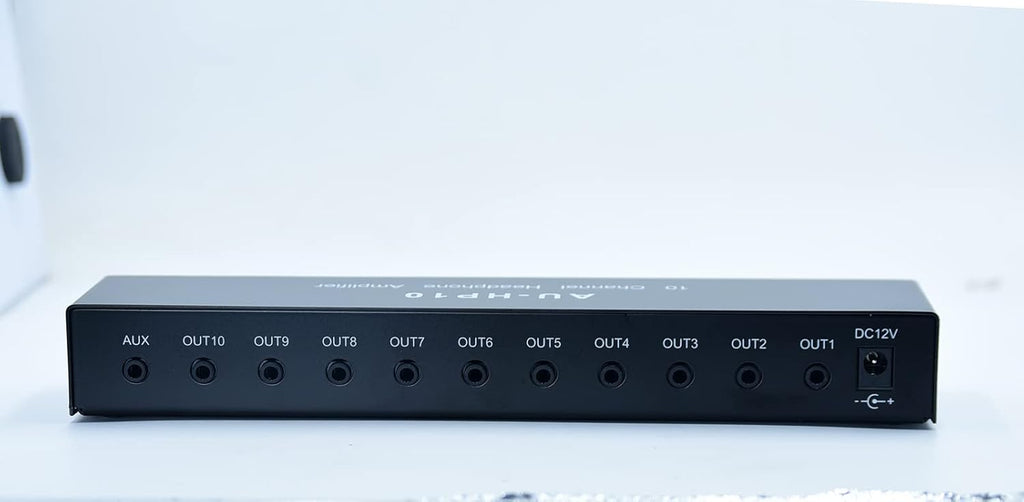 aux Mini Jack TRS 3.5 mm Input 1 in 10 Out Channel Headphone Amplifier Stereo Audio Amp with 12V 1A Power Adapter Distributor Headphone Splitter for Studio and Stage Black