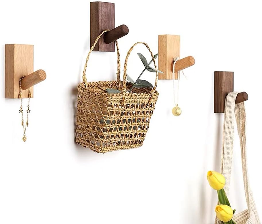 HomeDo 8Pack Adhesive Wall Hooks Hat Rack, Wooden Coat Hooks Wall Mounted, Decorative Single Organizer Hat Hanger Towel Rack, Heavy Duty Hooks (Rectangle-Walunt,8Pack)