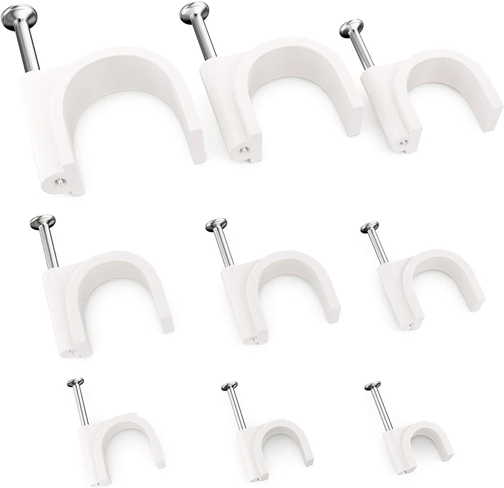 Pro-Grade, Cable Clips with Steel Nails 4mm - 14mm Wire Holders and Tacks in 9 sizes, 100 Per Size. Durable, UV Resistant Plastic Clips Help Organize Coax, Ethernet, Cat5, Cat6 and Other Cords.