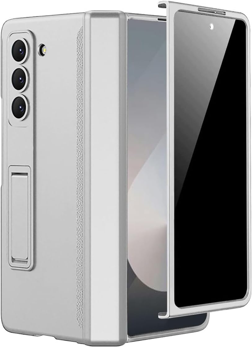 Miimall for Z Fold 6 Case with Privacy Screen Protector, [Military Grade Drop Protection] Built-in Adjustable Kickstand & Magnetic Hinge Protection Shockproof Phone Case for Galaxy Z Fold 6 5G Silver