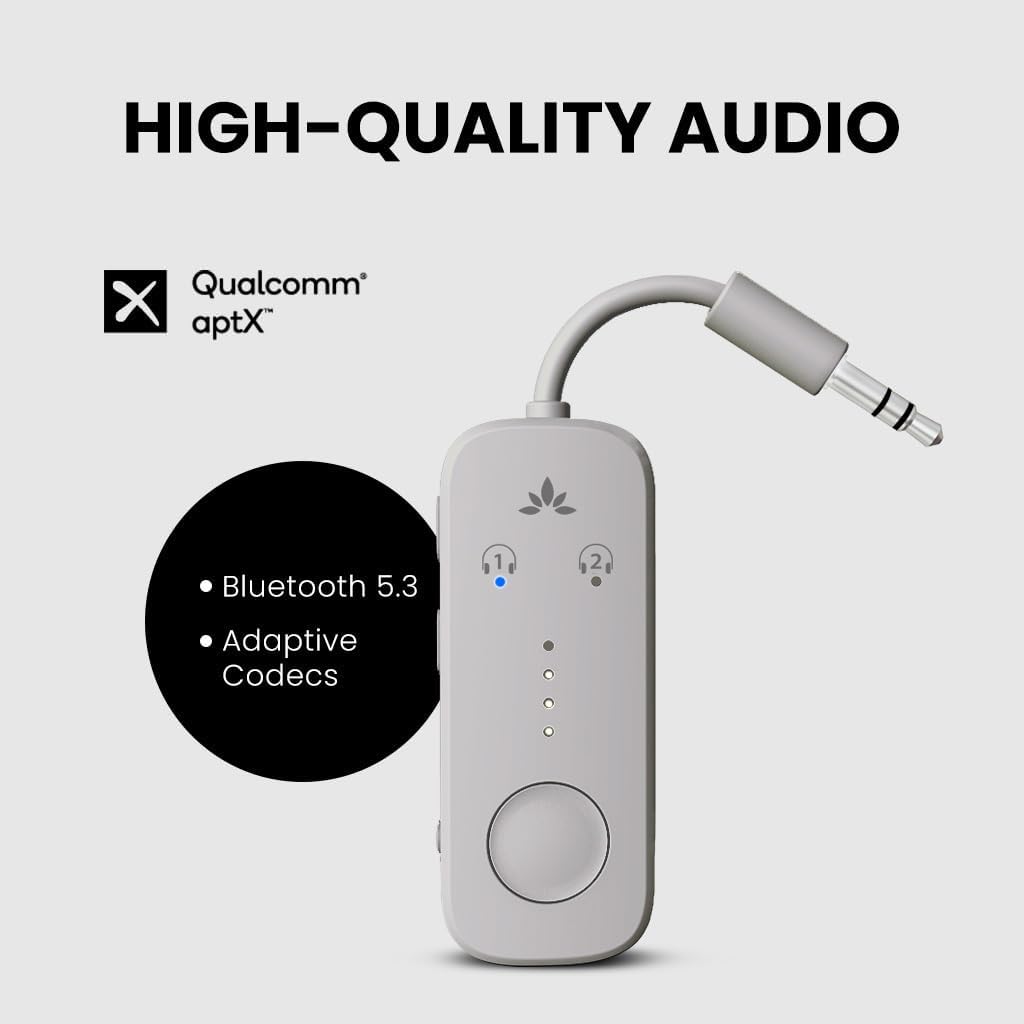 Avantree Relay - Premium Airplane Bluetooth Adapter with Advanced Qualcomm Chipset, 2 Headphones Support, 25hrs Play Time, aptX Adaptive & HD Audio Transmitter for Airpods, Bose & Travel Flight