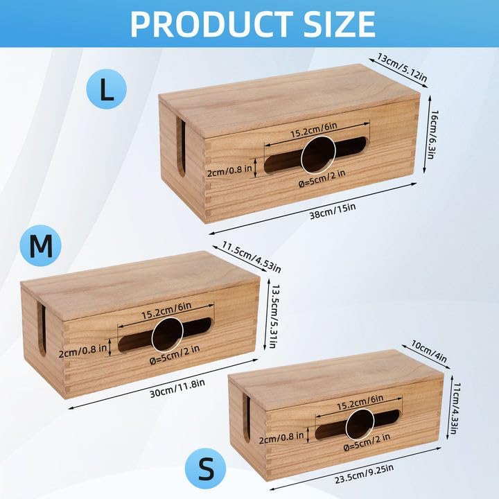 3PCS Wooden Cable Management Box Kit Wooden Cable Hider Storage Box Cord Organizer to Hide Cords & Wires for Desk Organization Protector Box for Home Office Kitchen Desk TV Computer Wires (S + M + L)