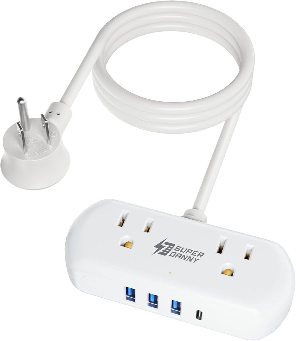 SUPERDANNY Power Strip with USB, Mini Desktop Charging Station with 2 Wide-Spaced Outlets & 4 USB Ports, 2ft Portable Flat Plug Extension Cord for Travel, Dorm, Room, Home Office Essentials, White