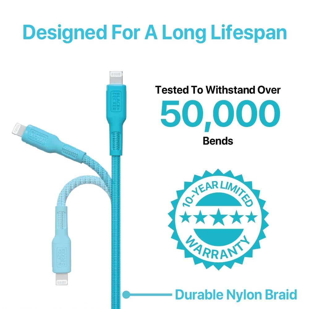 BLACK+DECKER Lightning to USB Cable - Fast Compatible iPhone Lightning Cable - Durable Braided iPhone Charger Cord - for Travel and Daily Use - Multiple Color + Length Options - 9ft