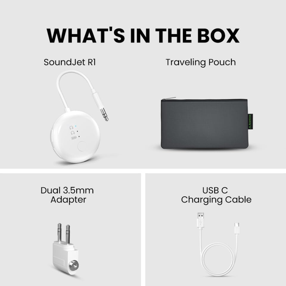 Avantree SoundJet – 25Hrs Airplane Bluetooth Adapter for All AirPods (Pro/Max) with Qualcomm Chipset & aptX Adaptive, Wireless Audio Transmitter for Flights Travel, Works with Bose & Other Headphones