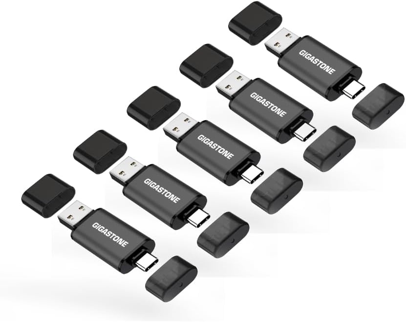 GIGASTONE 32GB Dual Flash Drive (5 Pack) Z40 USB 3.2 Gen 1, 2-in-1 Type-A & Type-C, 100MB/s Ultra Fast, Head Cap Design, Plug & Play for Smartphone/PC/Mac/TV/Car Audio, USB 2.0/3.0/3.1 Compatible
