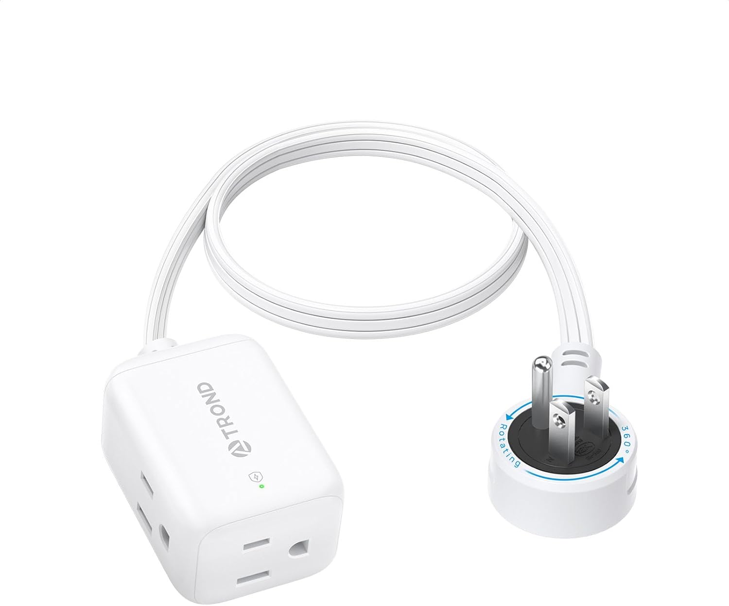 TROND 360° Rotating Flat Plug Extension Cord Surge Protector 1.5ft, Small Power Strip with 900 Joules, 3 Side Grounded Outlets, 13A, SPT 16/3 Gauge Wire for Indoor Home Office Dorm Room Travel, White
