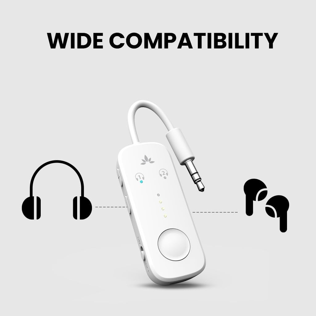 Avantree Relay - Premium Airplane Bluetooth Adapter with Advanced Qualcomm Chipset, 2 Headphones Support, 25hrs Play Time, aptX Adaptive & HD Audio Transmitter for Airpods, Bose & Travel Flight