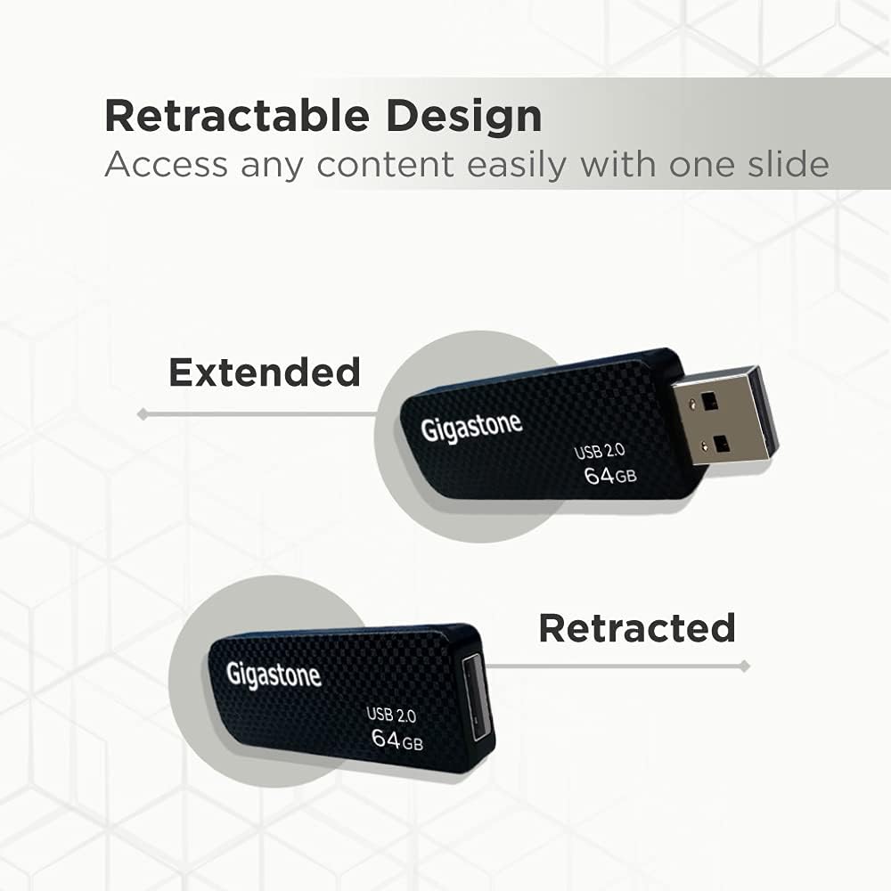 GIGASTONE V30 64GB USB 2.0 Flash Drive 5-Pack, Capless Retractable Design Pen Drive, Carbon Fiber Style, Reliable Performance & Durable