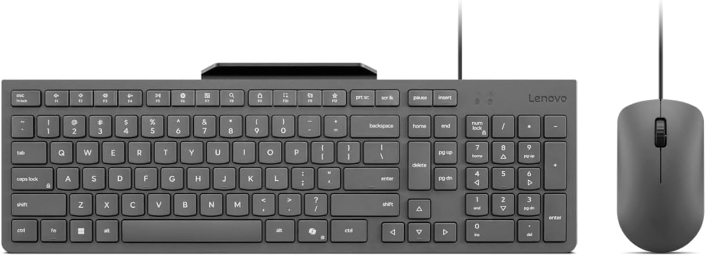 Lenovo 310 USB-A Wired Keyboard Mouse Combo, Quiet Keys, Ultra-Slim Gaming Design, Spill-Resistant, Integrated Phone Stand, Compatible w Laptop, PC, Tablet – Ergonomic Mouse Mechanical Keyboard USB