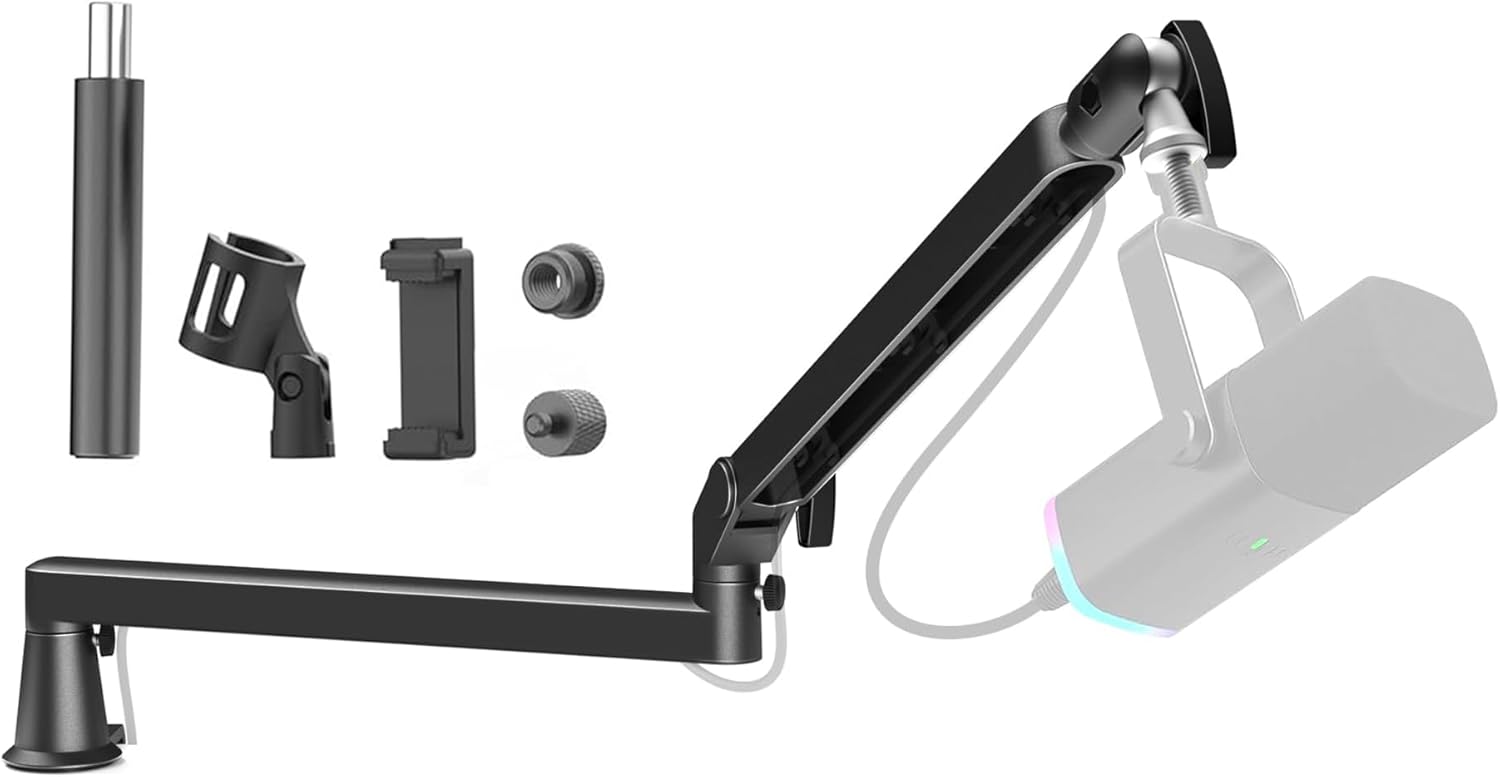 Low Profile Mic Arm 15cm Extra Riser Adjustable Mic Boom Arm Metal Desk Mounted Microphone Stand Cable Management Flexible Microphone Holder for Podcast Streaming Gaming Desktop