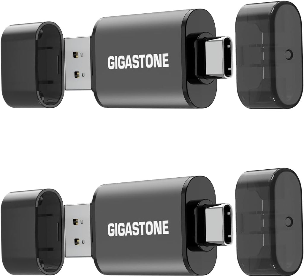 GIGASTONE 64GB Dual Flash Drive (2 Pack) Z40 USB 3.2 Gen 1, 2-in-1 Type-A & Type-C, 100MB/s Ultra Fast, Head Cap Design, Plug & Play for Smartphone/PC/Mac/TV/Car Audio, USB 2.0/3.0/3.1 Compatible
