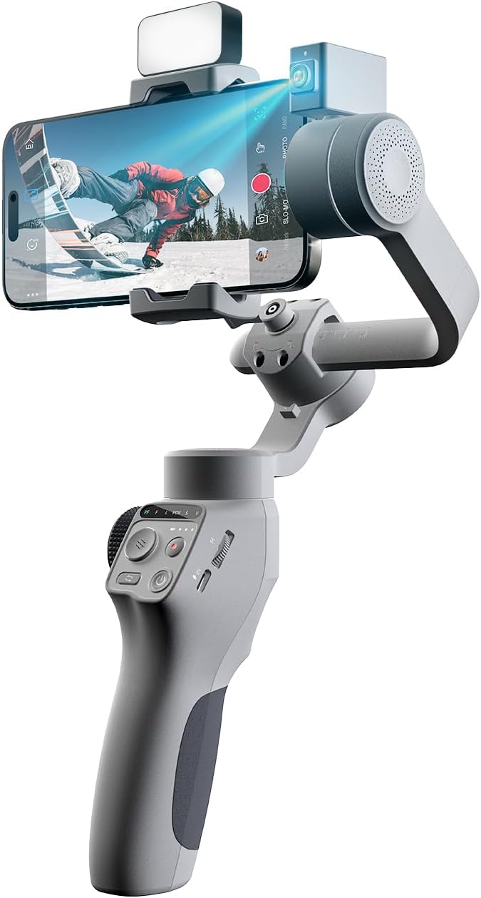 FUNSNAP C05 Kit Gimbal Stabilizer for Smartphone, iPhone Gimbal 3-Axis with Magnetic Fill Light/AI Tracking Sensor for iPhone 16 15 14 Pro Max Android Handheld Phone Gimbal for Video Recording