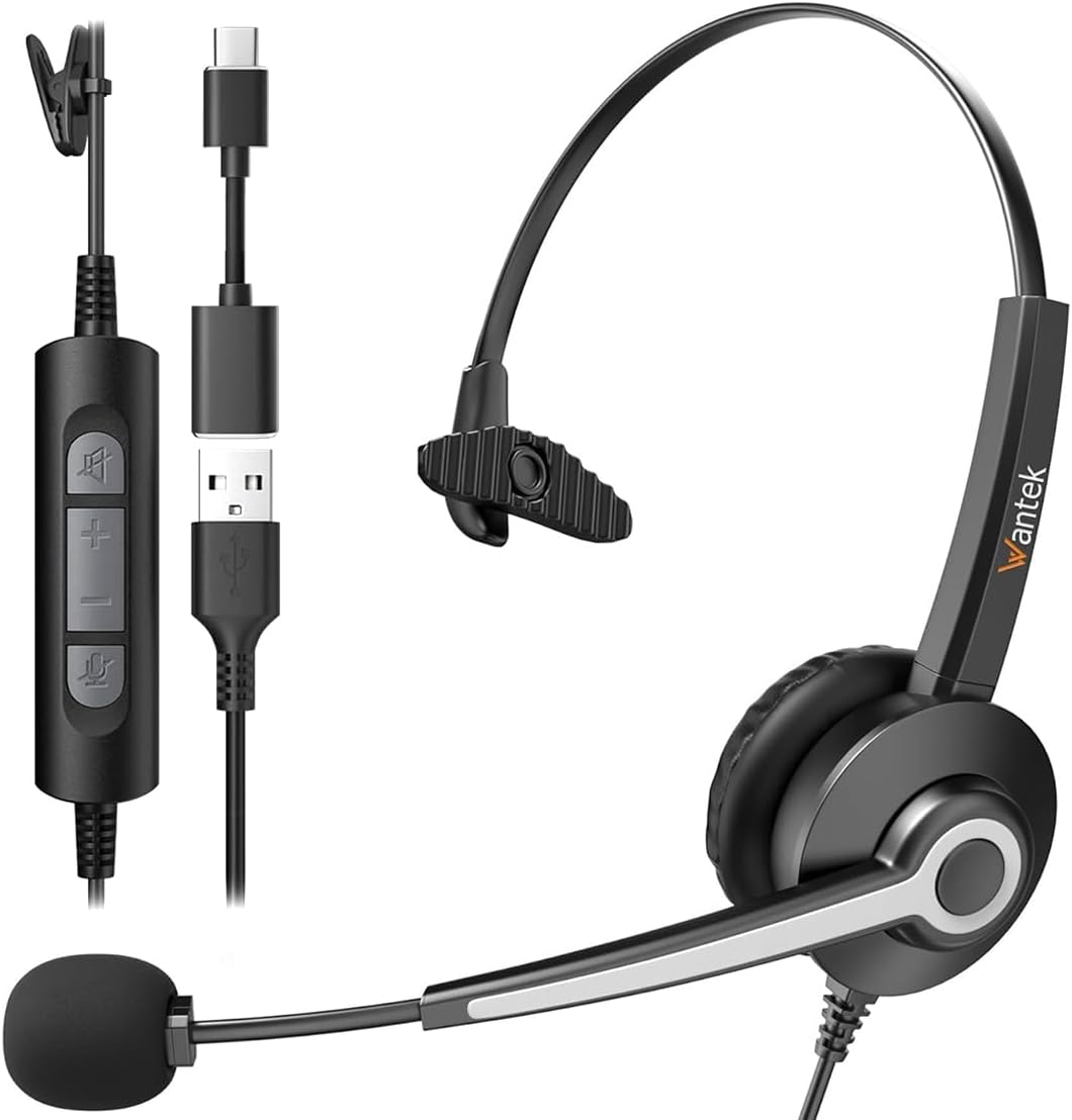 Wantek Monaural Corded USB Headsets with Noise Cancelling Mic and in-line Controls, UC Business Headset for Skype, SoftPhone, Call Center