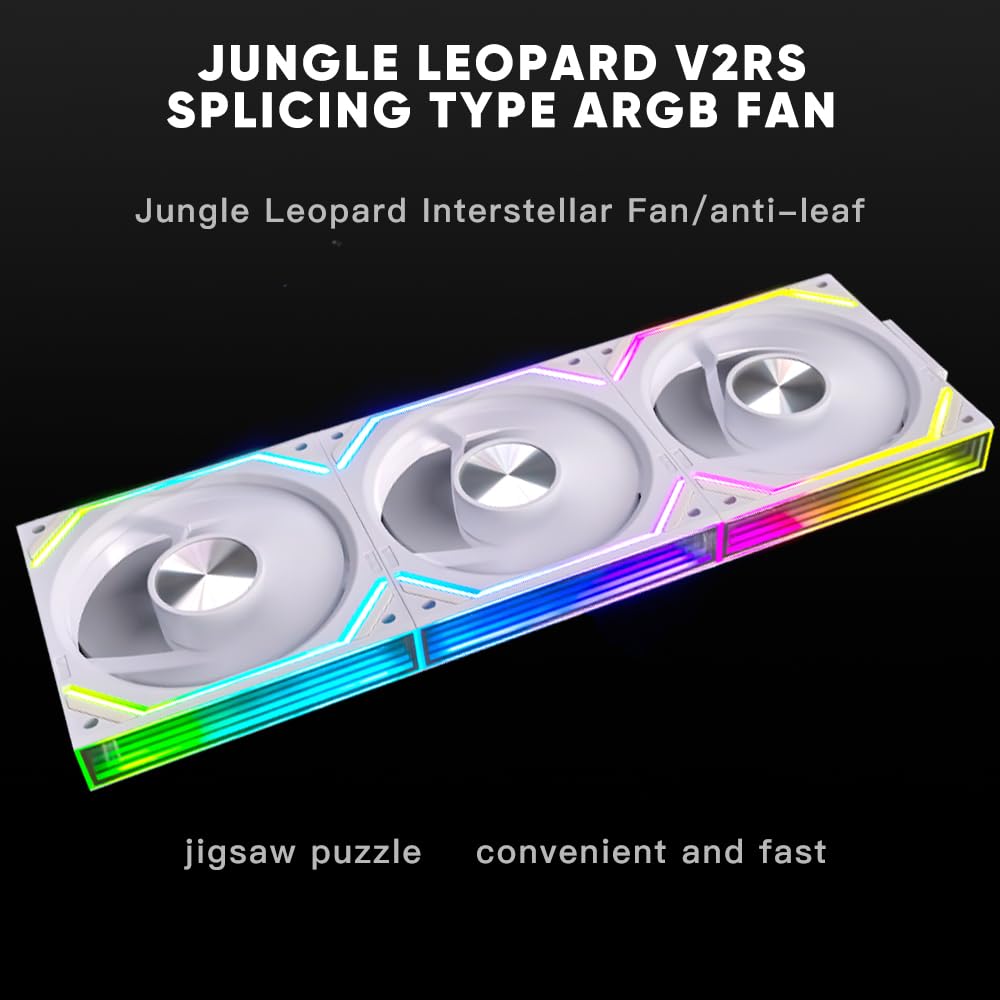 Jungle Leopard Interstellar V2 RS 120mm PC Reverse Blade Case Fan Infinity Mirror Module Daisy-Chain ARGB Fan Triple Pack Suitable Computer Cooling Fans 360mm AIO Cooler(White-3Pack)