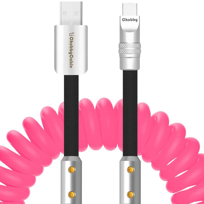 chubbycable Colorblock Chubby - Spring Braided Silicone Charge Cable Coiled USB C Cable Fast Charging Type C Charger Cord for Car, Pink+Black, USB-A to Type-C, 2.29FT-3.6FT