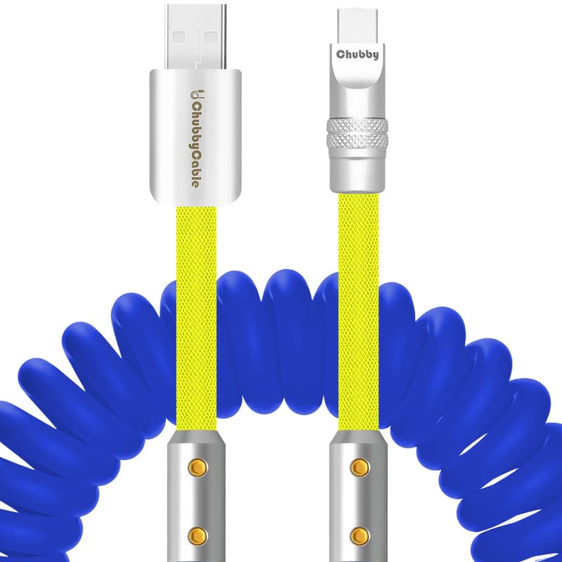 chubbycable Colorblock Chubby - Spring Braided Silicone Charge Cable Coiled USB C Cable Fast Charging Type C Charger Cord for Car, Dark Blue+Yellow, USB-A to Type-C, 2.29FT-3.6FT