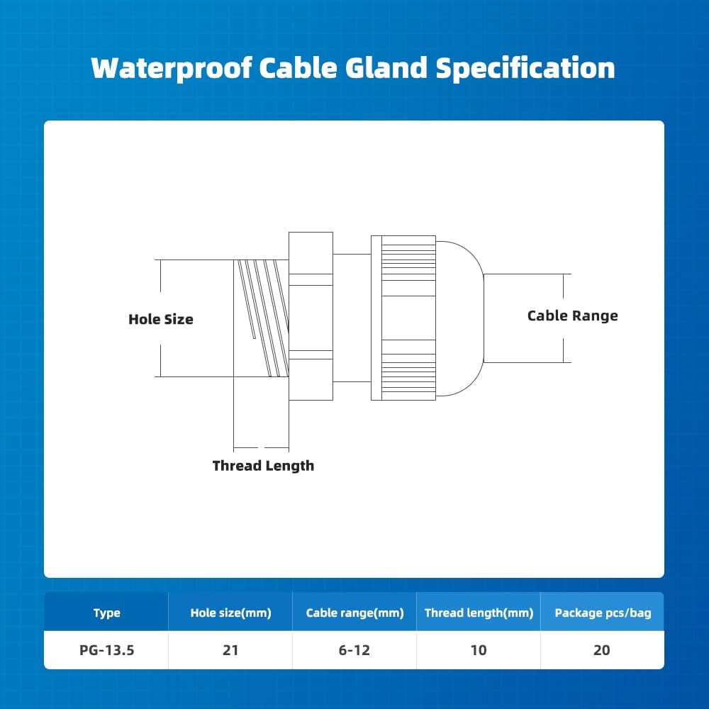 Cable Gland 20 Pack Plastic Waterproof Adjustable Connector 6-12mm PG13.5 Strain Relief Cord Connectors Joints Nylon with Gaskets