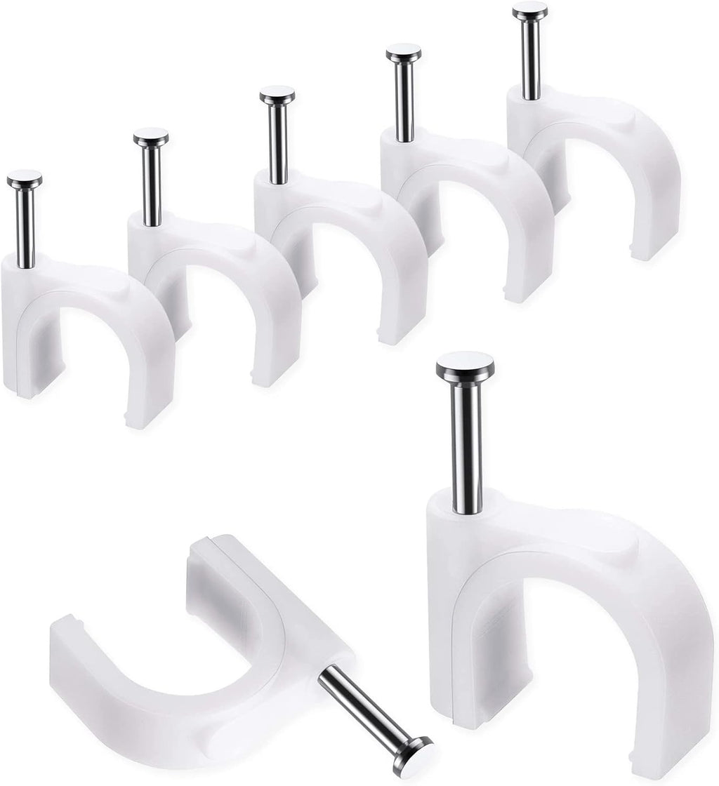 Cable Clips, 100 Pcs, 10mm, Wire Wall Clips with Steel Nails, Cable Management Organizer Clips, Cable Tacks Coax Holder Clips, RG6 RG59 CAT6 RJ45 Cable Cord Clips, White
