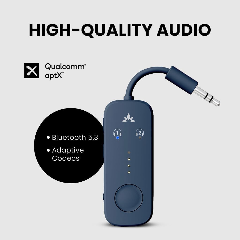 Avantree Relay - Premium Airplane Bluetooth Adapter with Advanced Qualcomm Chipset, 2 Headphones Support, 25hrs Play Time, aptX Adaptive & HD Audio Transmitter for Airpods, Bose & Travel Flight