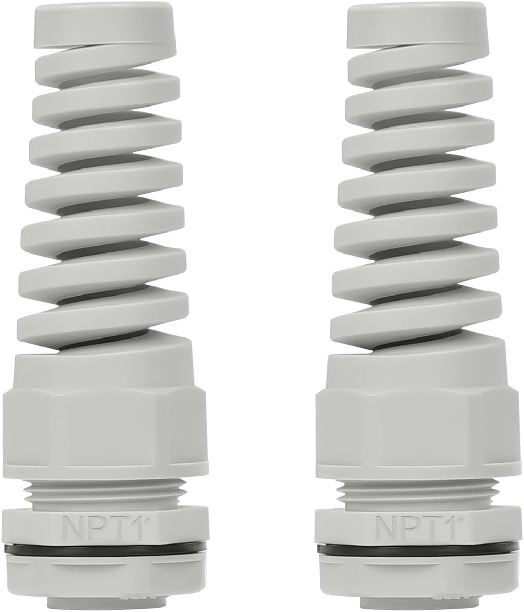 LeMotech 2Pcs NPT 1" IP68 Waterproof Cable Gland Flex Spiral Strain Relief Grey Nylon Joint with Gaskets for 18-25mm Wire Thread