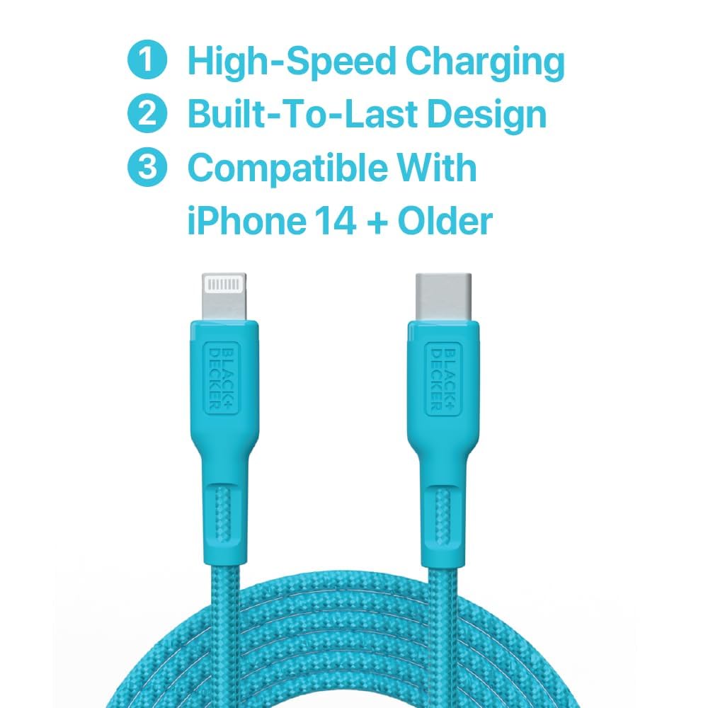 BLACK+DECKER USB C to Lightning Cable - Fast Compatible iPhone Lightning Cable - Durable Braided Type C iPhone Charger Cord - for Travel and Daily Use - Multiple Colors and Lengths - 6ft