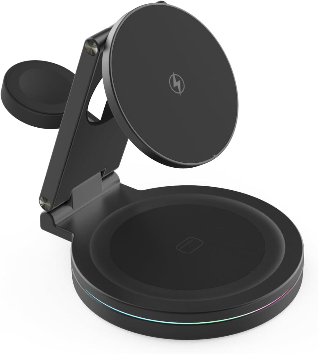 Foldable 360º Rotatable Zinc Alloy 3-in-1 Magnetic Wireless Charger, Charging Station, Charging Stand,15W for iPhone 12-16,5W for Apple Watches,AirPods(Adapter Included) (Black)