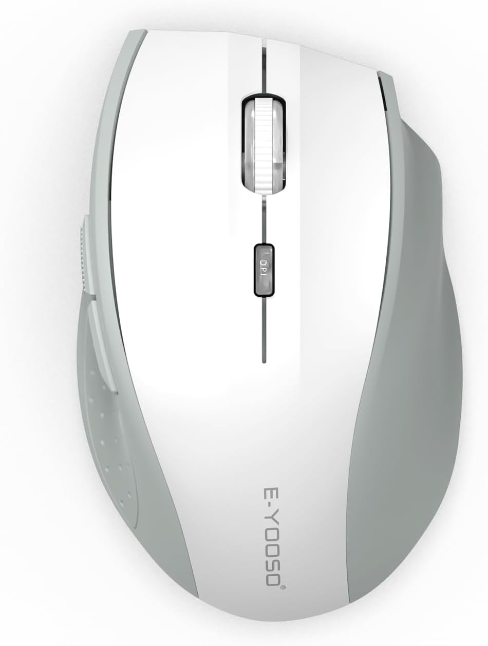 E-YOOSO Wireless Mouse for Laptop, Portable Optical Computer Mouse, 6 Buttons, Cordless 2.4GHz with USB Receiver, 5-Level 4800 DPI, 18 Months Battery Life, for PC, Chromebook, Windows, Mac(White Gray)