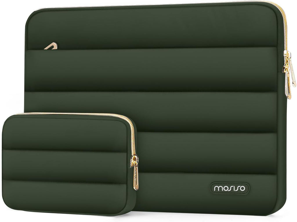 MOSISO 13.3 inch Laptop Case, 13-13.3 inch Puffy Laptop Sleeve Compatible with MacBook Air 13 13.6 M4 M3 M2 M1/Pro 13/Pro 14, HP Dell ASUS Lenovo,Polyester Horizontal Bag with Small Case, Army Green