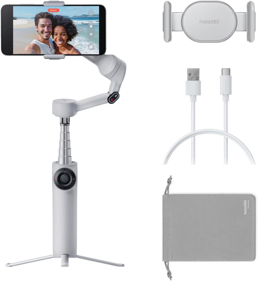 Insta360 Flow 2 Grey - Foldable AI Phone Gimbal, AI Tracking, Multi-Person Tracking, Built-in Tripod/Selfie Stick, Remote Control, iPhone/Android Portable Stabilizer