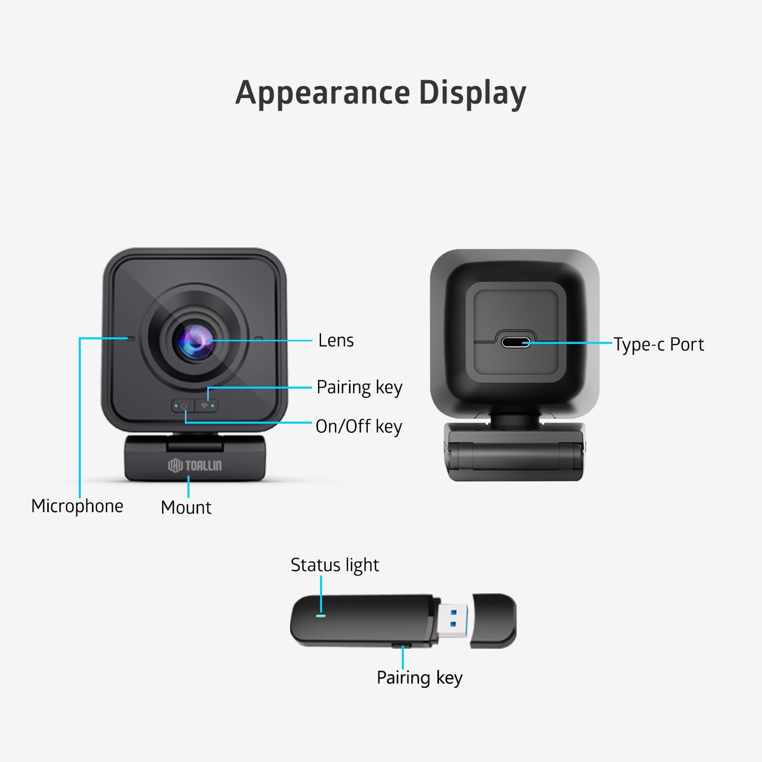 TOALLIN 1080P HD Wireless Webcam for PC, Built-in Noise-Canceling Microphone, Wireless Computer Camera for Video Conferencing, Live Streaming and Online Video Calls