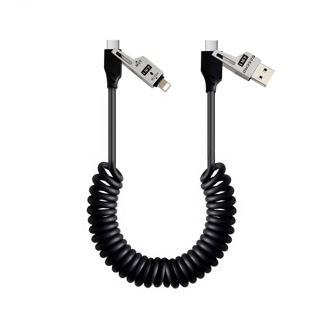 65W 4-in-1 Retractable Fast Charging Cable, 2M/6.5ft Spring Coiled USB-C to L/USB-C/USB-A Multi-Device Cord for iPhone 15/14/13, iPad, Samsung, MacBook, Laptop, Car, Tablet
