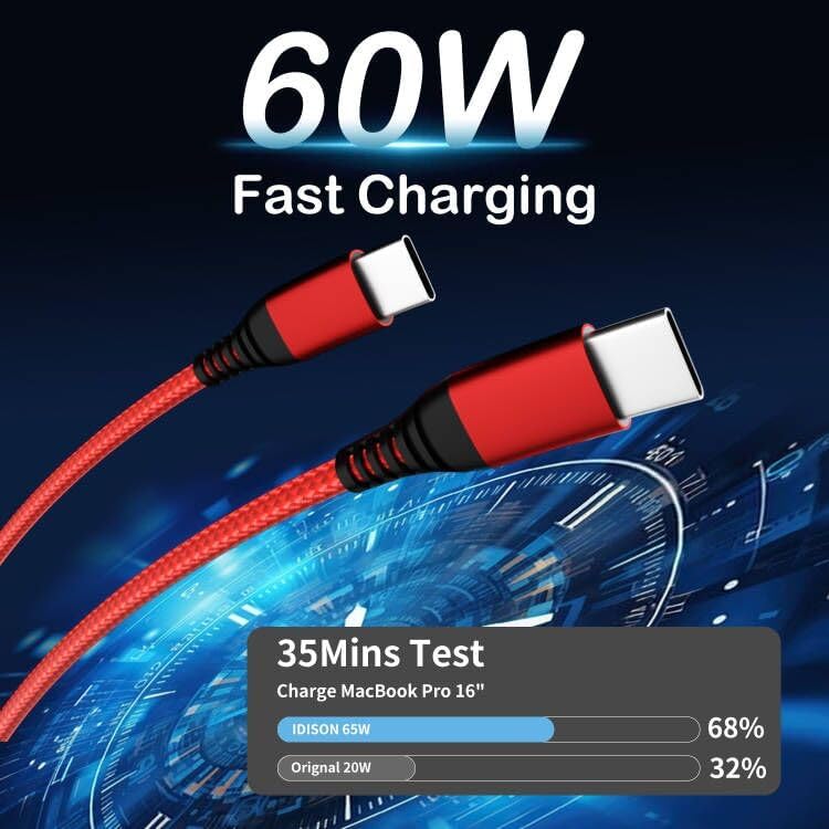 USB C to USB C Cable 60W(3A), Nylon Braided Type-C Charger Cable Fast Charging for iPhone 15 Pro Max Plus/Samsung S23, Switch, Pad and More(3FT 3Pack)
