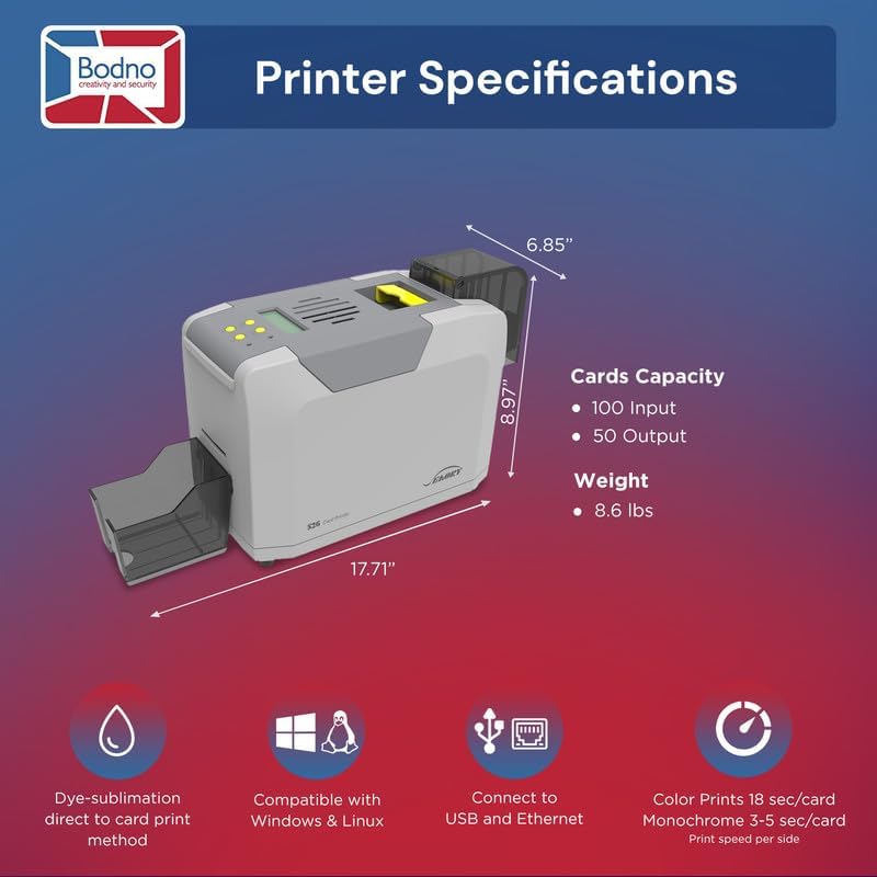 Bodno Seaory S26 Single Sided ID Card Printer & Complete Supplies Package ID Software and Camera - Bronze Edition