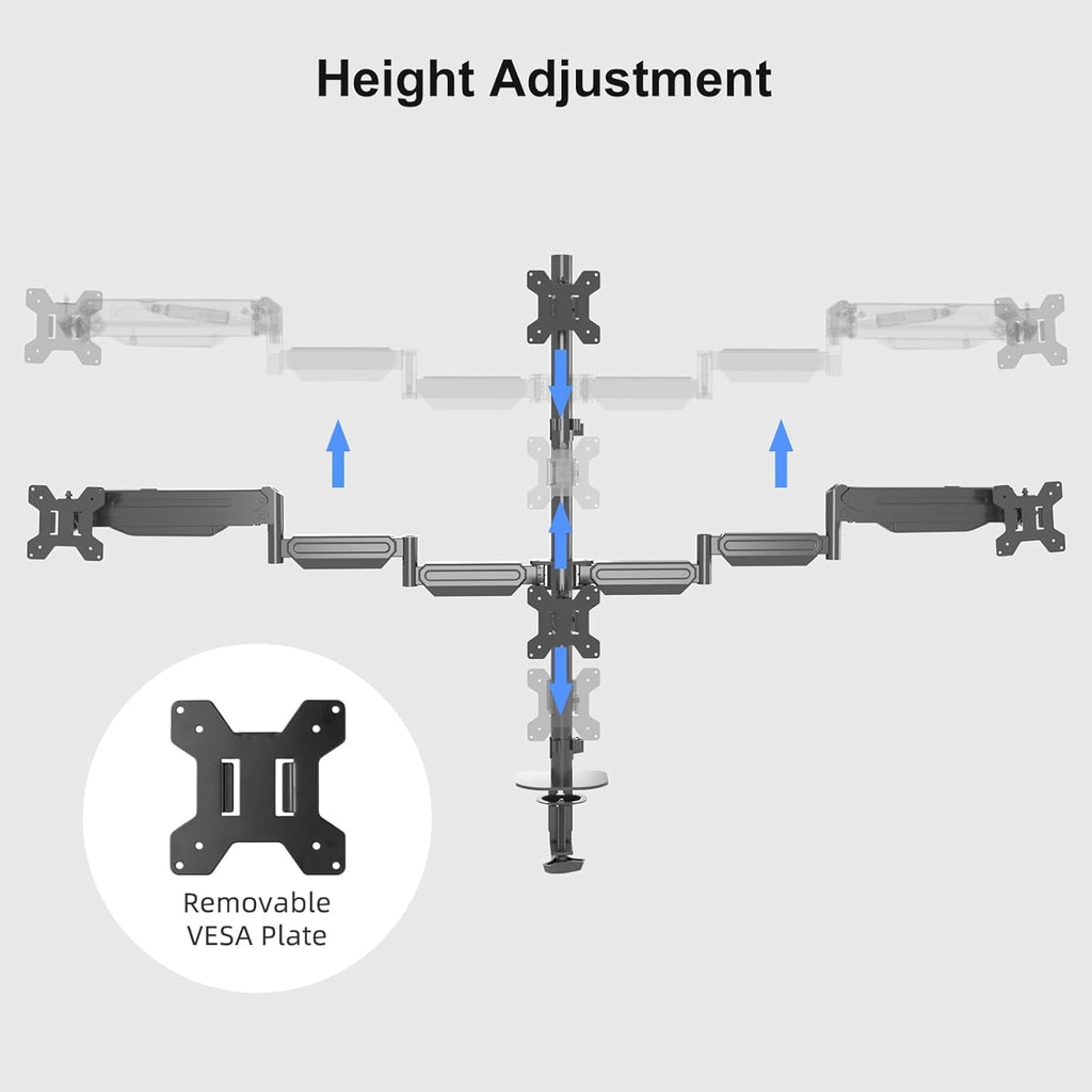 Pholiten Quad 4 Monitor Arm Desk Mount for Max 32 inch Screens, Gas Spring Adjustment Monitor Stand with VESA 75x75mm, 100x100 mm, Clamp & Grommet Install Black MD18864