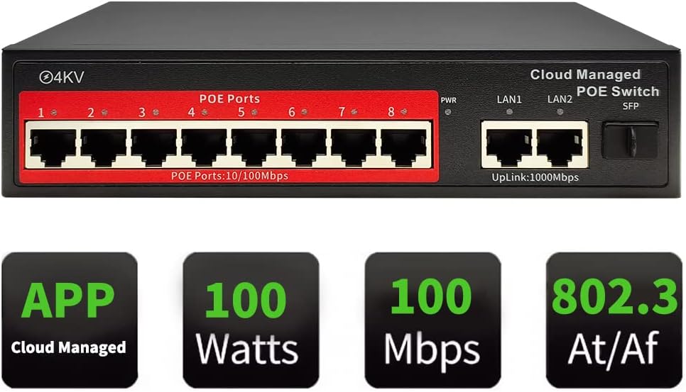 STEAMEMO 8-Port Managed PoE Switch, Easy Smart Managed, Plug and Play, Support Vlan, PoE Scheduler, Fanless, Sturdy Metal, Desktop and Wall-Mount