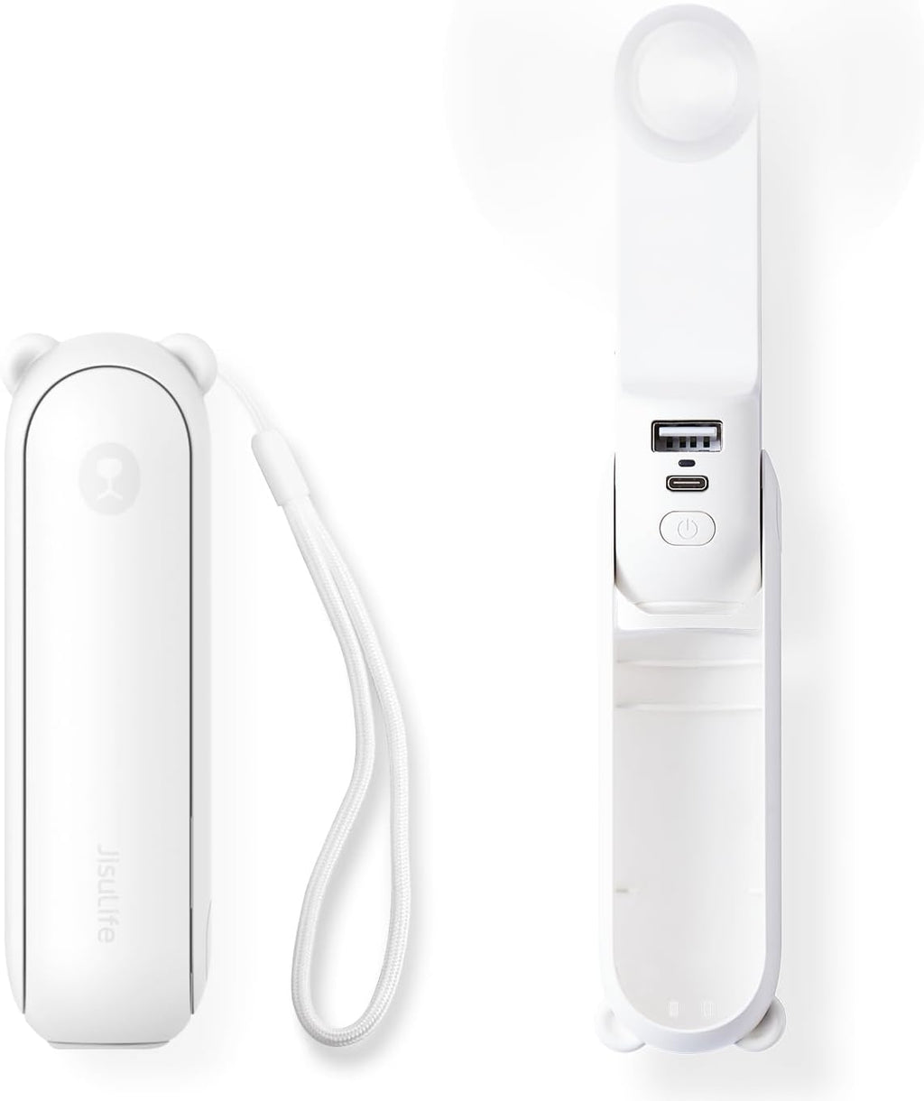 JISULIFE Handheld Mini Fan, 3 IN 1 USB Rechargeable Portable Fan [12-19 Working Hours] with Power Bank, Flashlight, Pocket Design for Travel/Summer/Concerts/Lash, Gifts for Women (White)