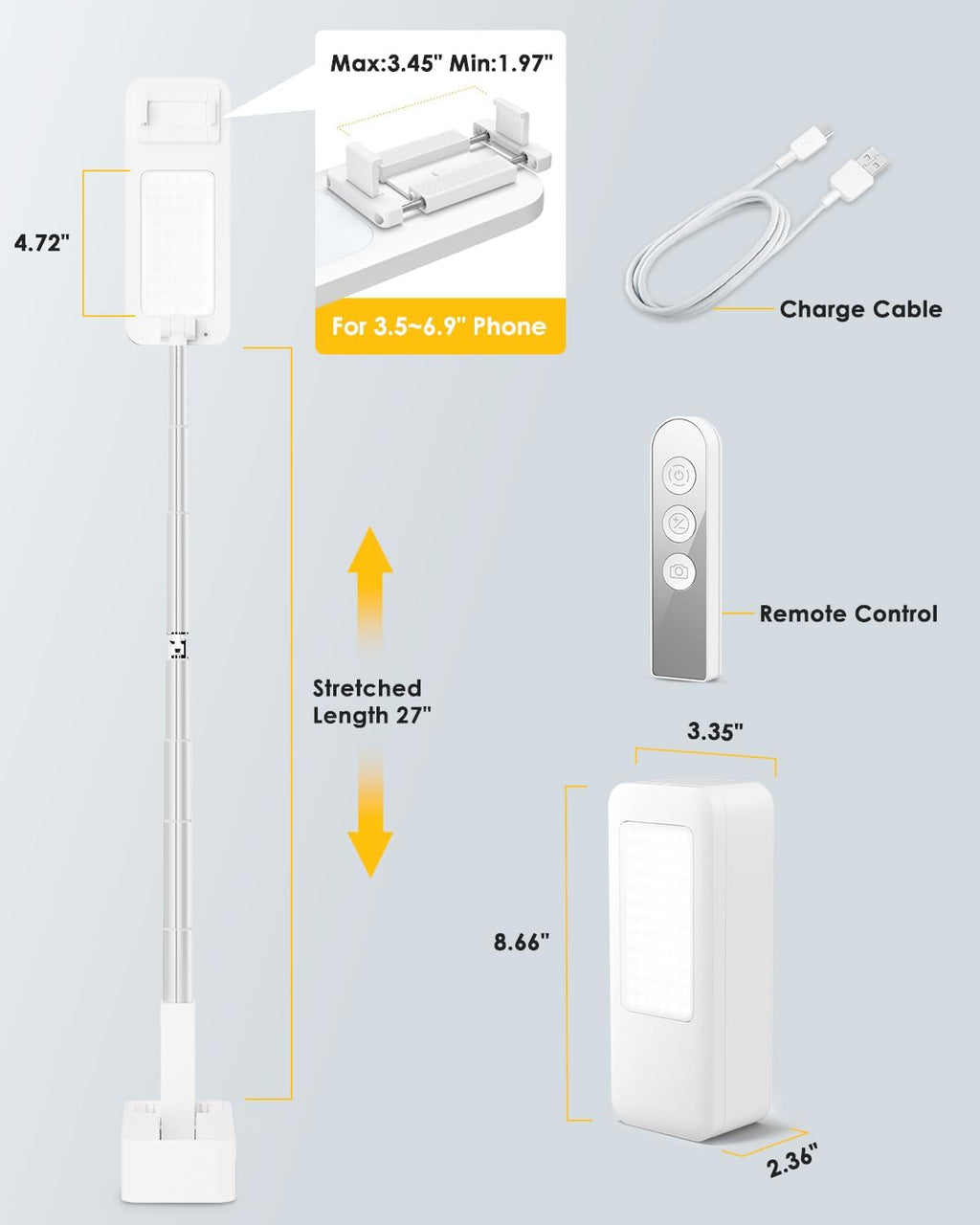 Phone Stand for Recording, Overhead Phone Mount with Light, Selfie Stand,Portable,Extendable,360° Rotate,Adjustable,Wireless Remote,Rechargeable, for 3.5-6.9" Phones, Live Streaming, White