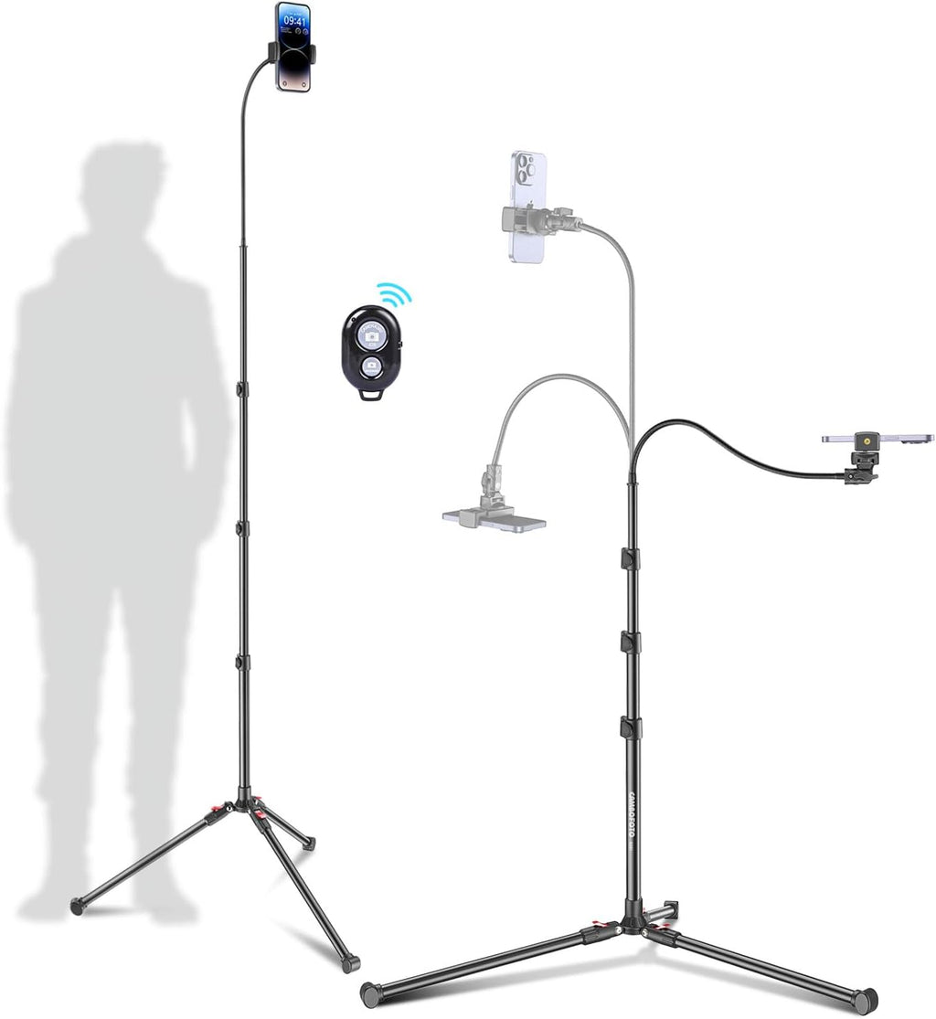 87" Phone Tripod, Overhead Flexible Tall Tripod Stand with Remote, Selfie Stick, Compatible with iPhone, 15.7" Gooseneck/Adjustable 360 Head, Gopro/Ring Light/Webcam/Video Recording/Vlogging