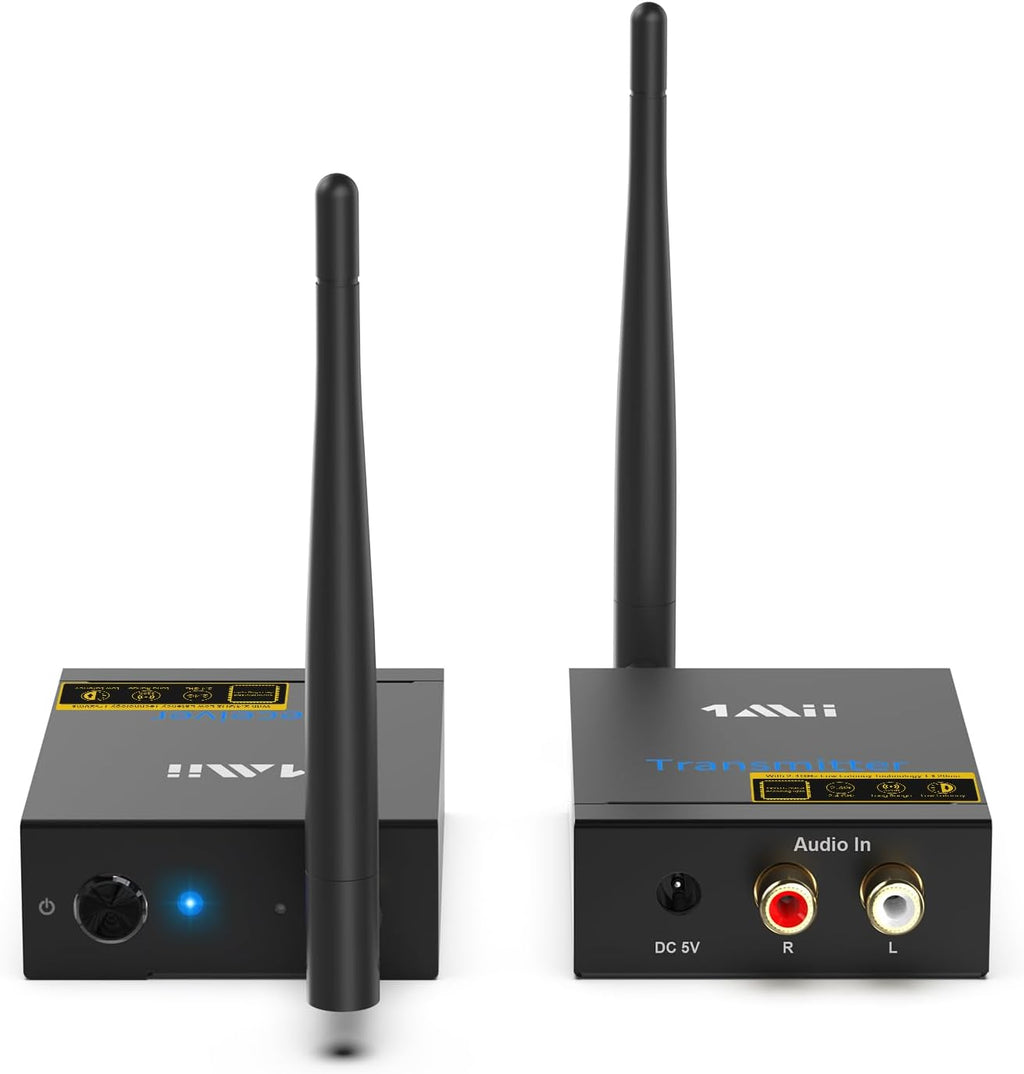 1Mii 2.4Ghz Wireless Audio Transmitter Receiver for TV, 320ft Long Range 20ms Low Delay HiFi Audio, Wireless Adapter Kit for Subwoofer/Powered Speaker/Stereo/Soundbar, RCA(3.5mm AUX) Out/Input