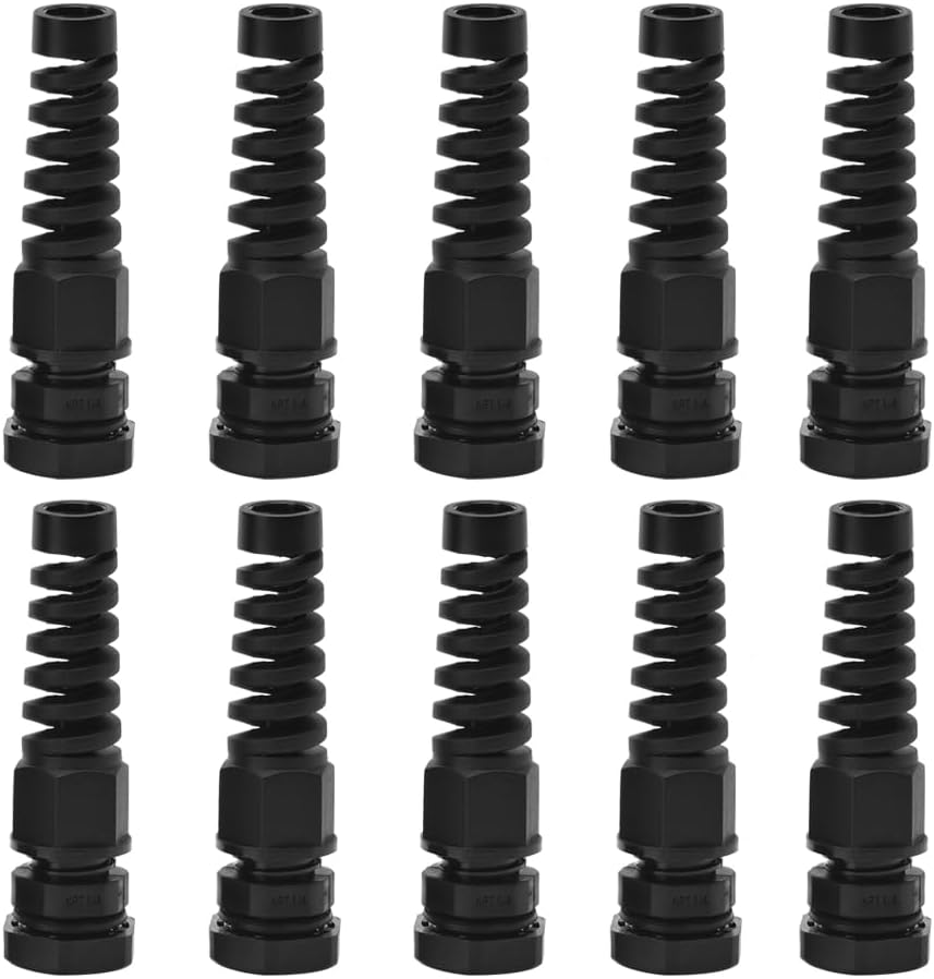 Strain Relief Cord Connector, CGELE 10 Pack NPT 1/4" Waterproof Cable Gland Cord Grip Spiral Adjustable Connector Strain Relief Cord Connectors Joints Nylon with Gaskets