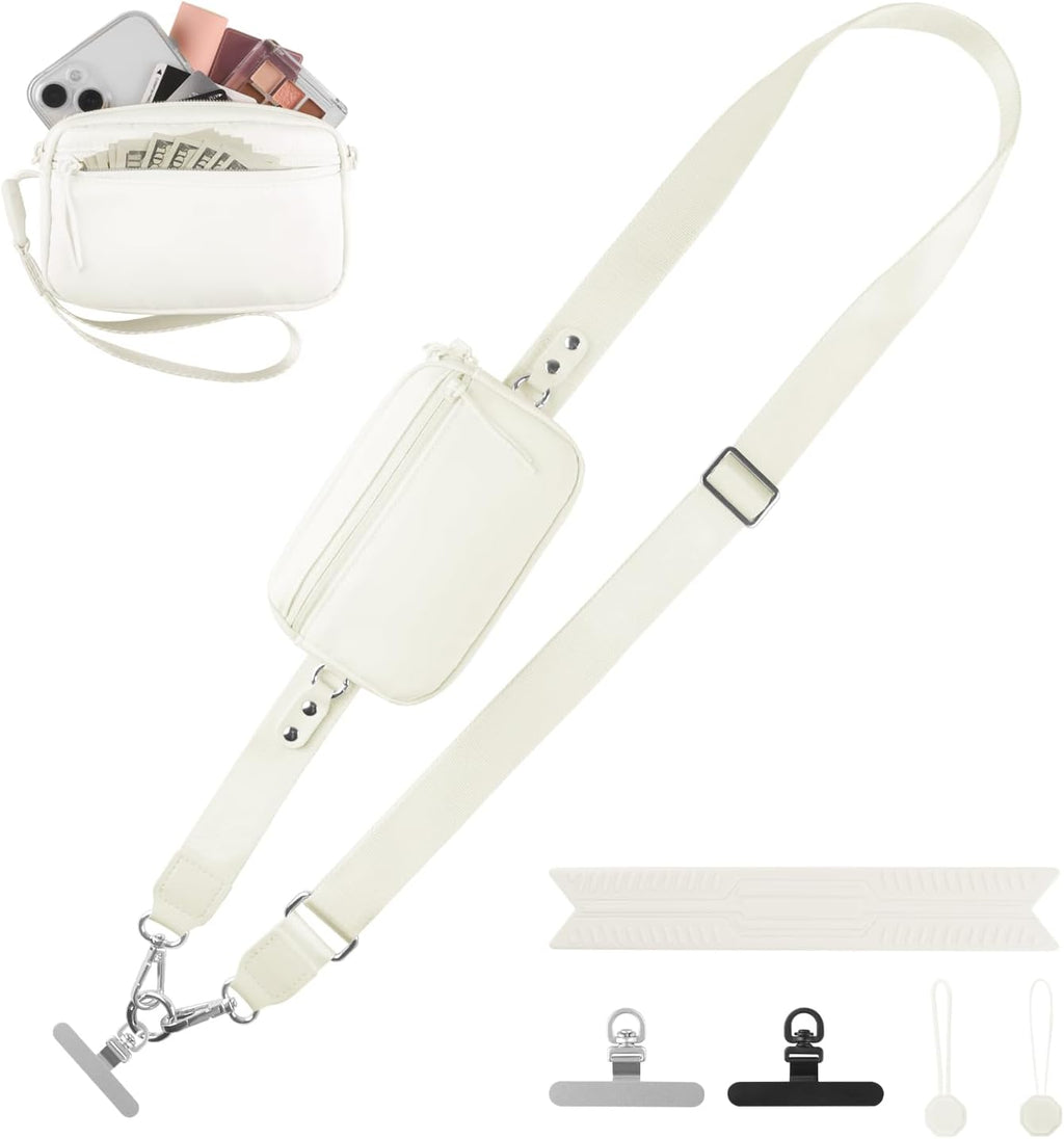 Clip and Go Strap for Phone with Wallet Crossbody, Adjustable Phone Lanyard with Detachable RFID Wristlet Wallet & Ultra-Thin 360° Rotatable Metal Tabs for All Smartphones (Cream)