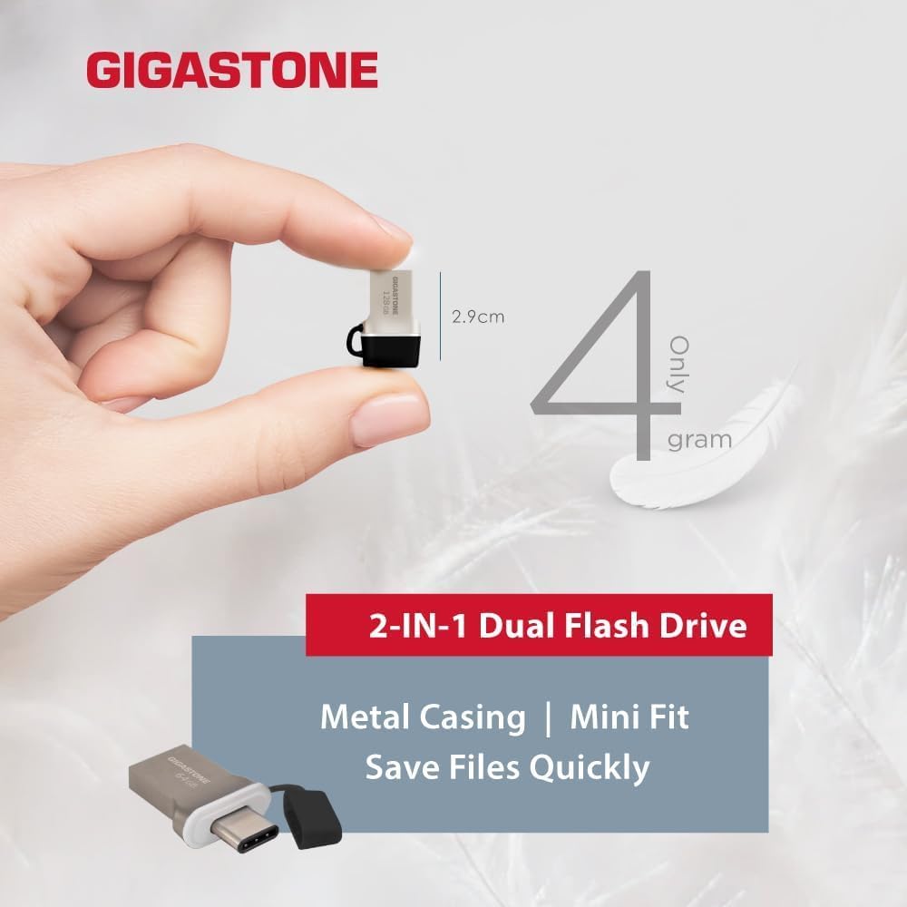 GIGASTONE 256GB Nano Luxus Dual Drive, Z50 USB 3.2 Gen 1, 2-in-1 USB-A & Type-C, 100MB/s Ultra Fast, Cap Design, Metal, Plug & Play for Smartphone/PC/Mac/TV/Car, 2.0/3.0/3.1 Compatible